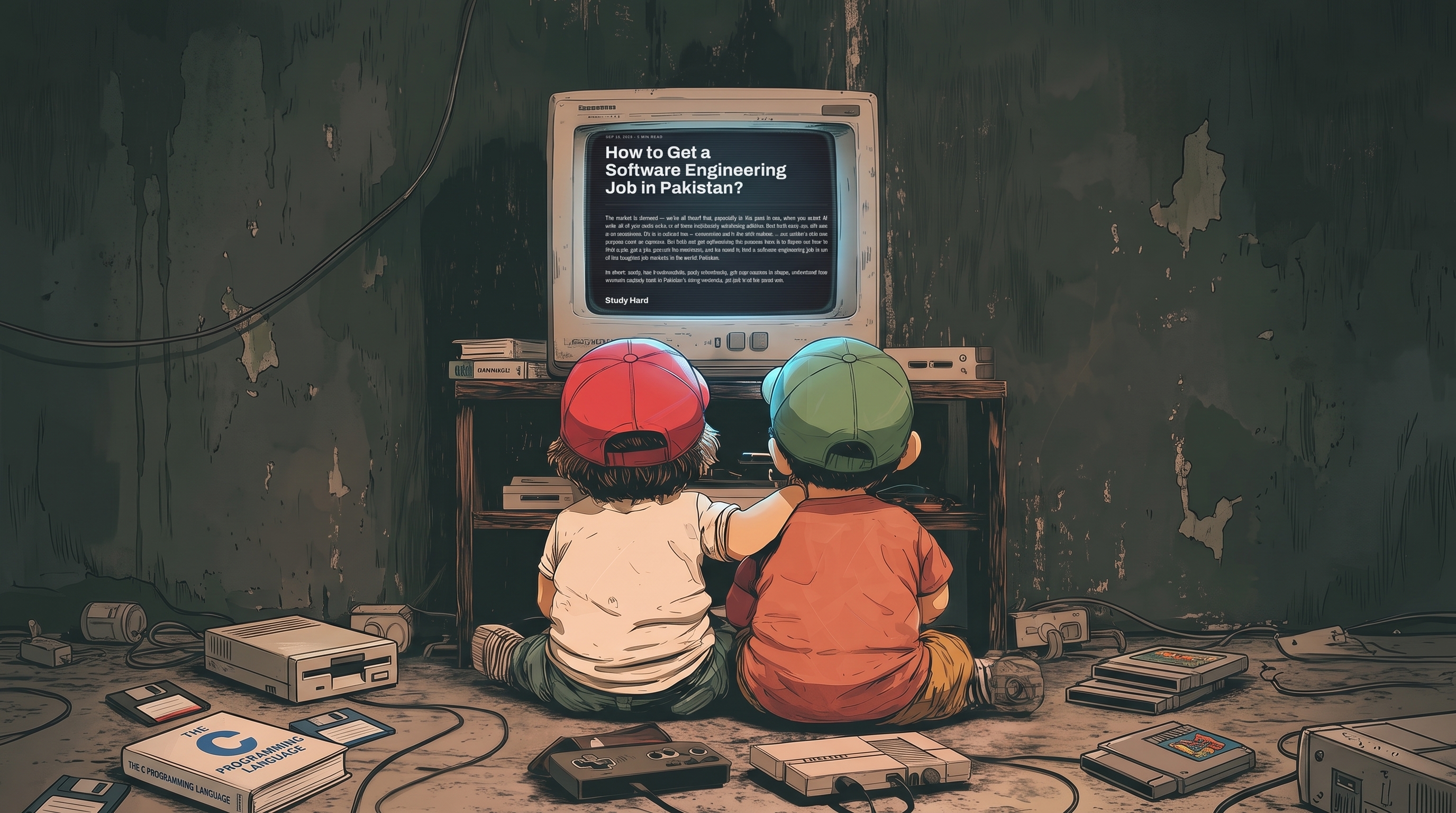 Two kids sit in front of an old CRT displaying this blog post’s title